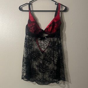 Victoria's Secret Vintage Red Silk and Black Lace Babydoll Slip Nightgown 36C